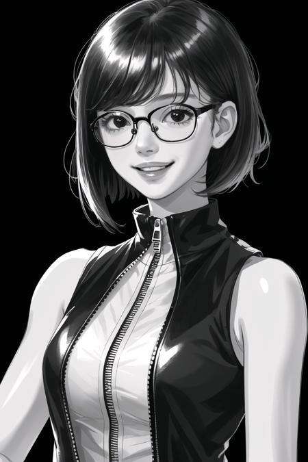 01820-3731461804-1girl,solo,red-framed eyewear,glasses,black eyes,black hair,upper body,looking at viewer,short hair,sleeveless,black background,.png